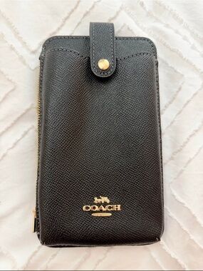 Coach Black Leather Zip Phone Wallet Case with Gold Logo